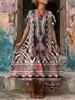 European and American women's blue retro ethnic style printing loose long dress polyester comfortable casual slim short sleeves