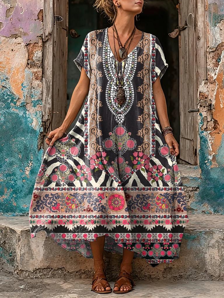 European and American women's blue retro ethnic style printing loose long dress polyester comfortable casual slim short sleeves