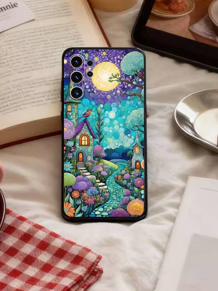 Whimsical landscape Starry Night Phone Case For Samsung S26,S25,S24,S23,S22,S21,S20,Ultra,Plus,FE Black Soft Cover