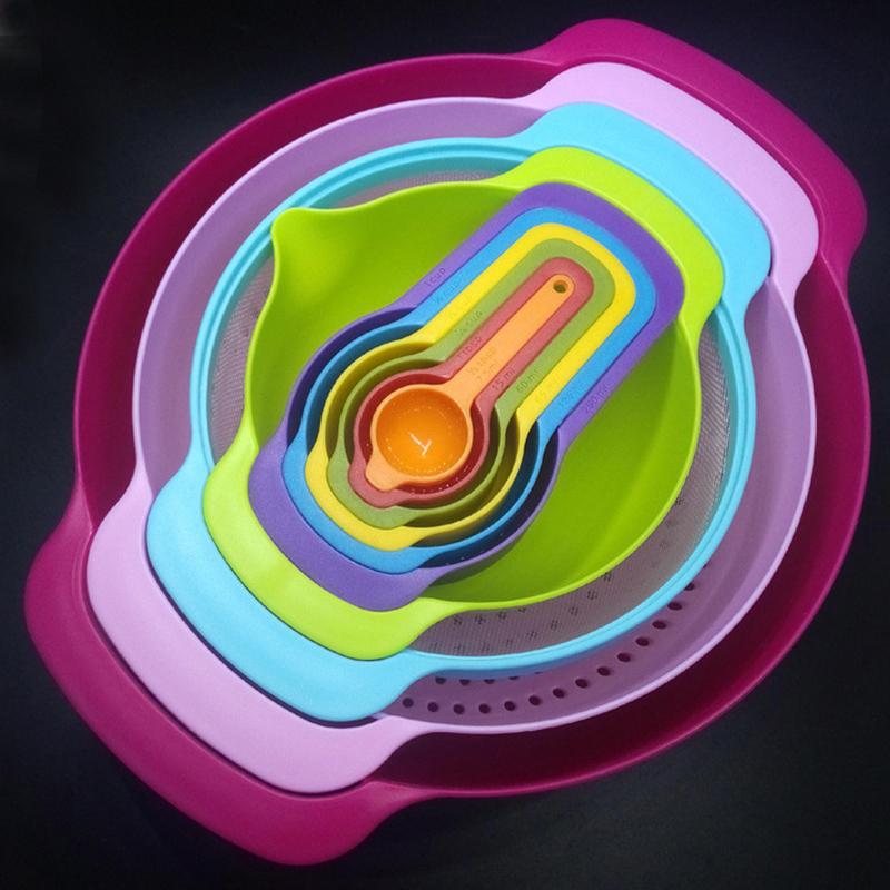 

10PCS Colorful Rainbow Plastic Mixing Salad Bowls Set With Handles Kitchen Utensil