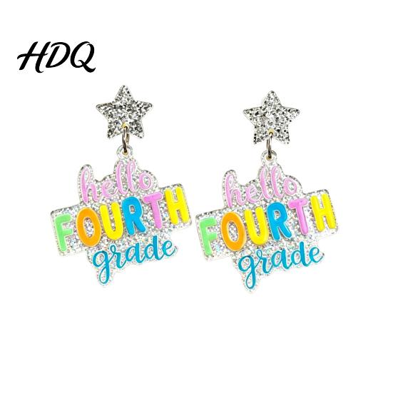 Fashionable Holiday Earrings 1 Pair Colorful Acrylic Letter Drop Dangle for Women Glitter Funny First Retro Style Jewelry Day of School Earring,