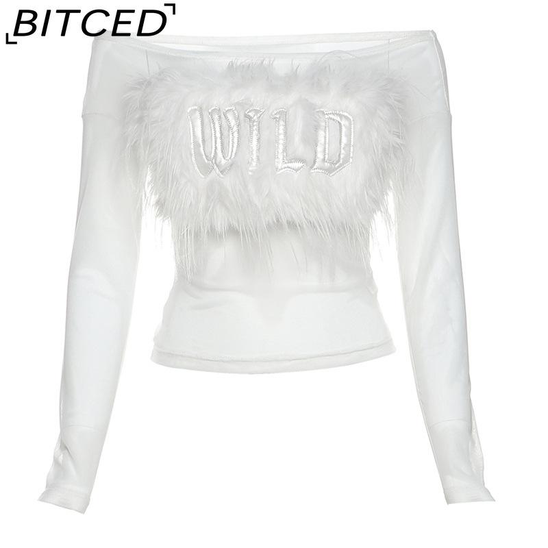 

BITCED Женский осенне-зимний однотонный топ с длинными рукавами, открытыми плечами, сетчатый, прозрачный L белый