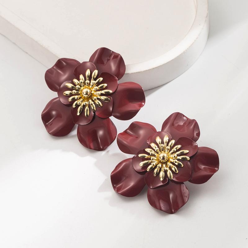 Exaggerated Large Double-Layer Flower Stud Earrings for Women Vintage Flower Vacation Design Earrings Fashion Zircon Gifts красный