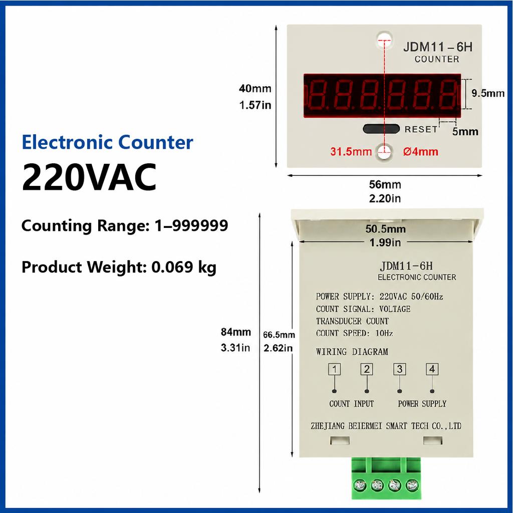 JDM11-6H 6 Digit Digital Counter LED Display Electronic Totalizer Industrial Panel Mount Counter Power Failure Memory 12-380V 1