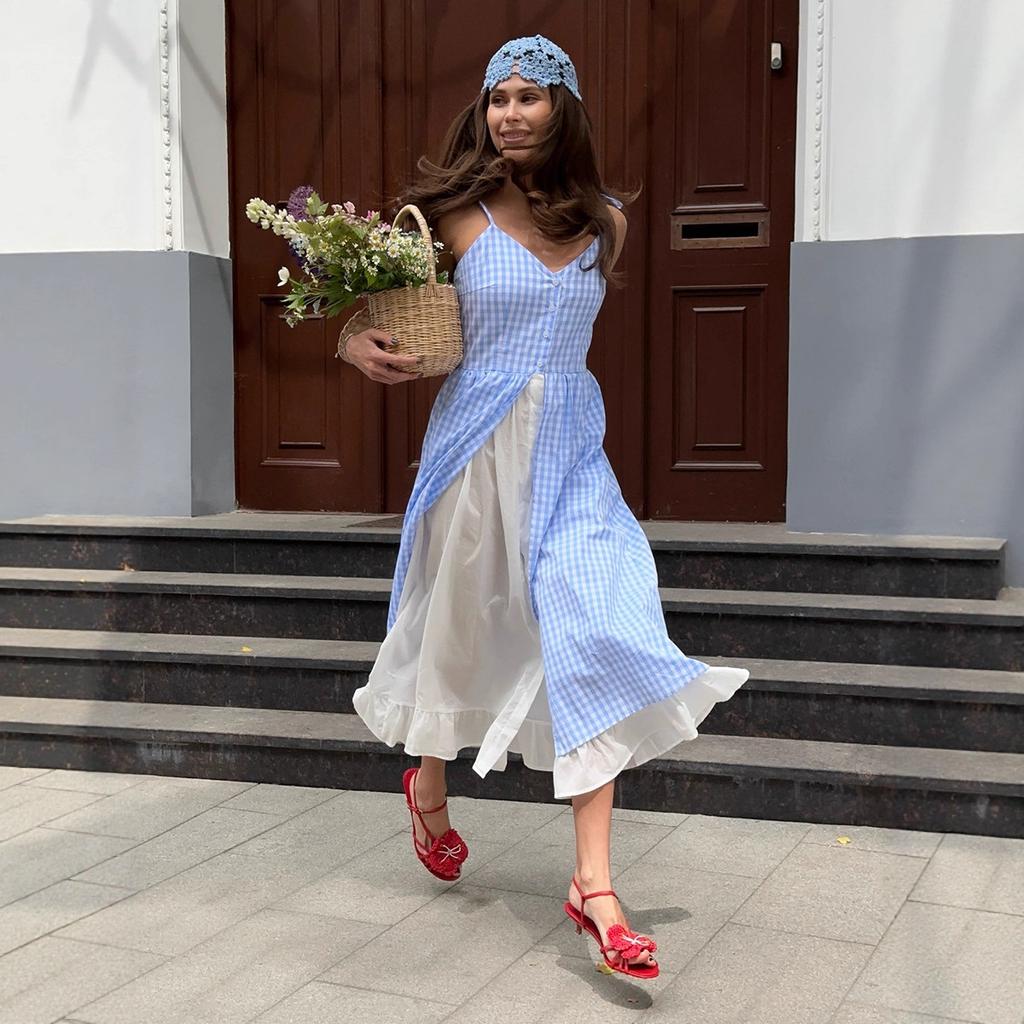 Blue plaid dress European and American summer new fake two-piece single-breasted splicing suspender dress