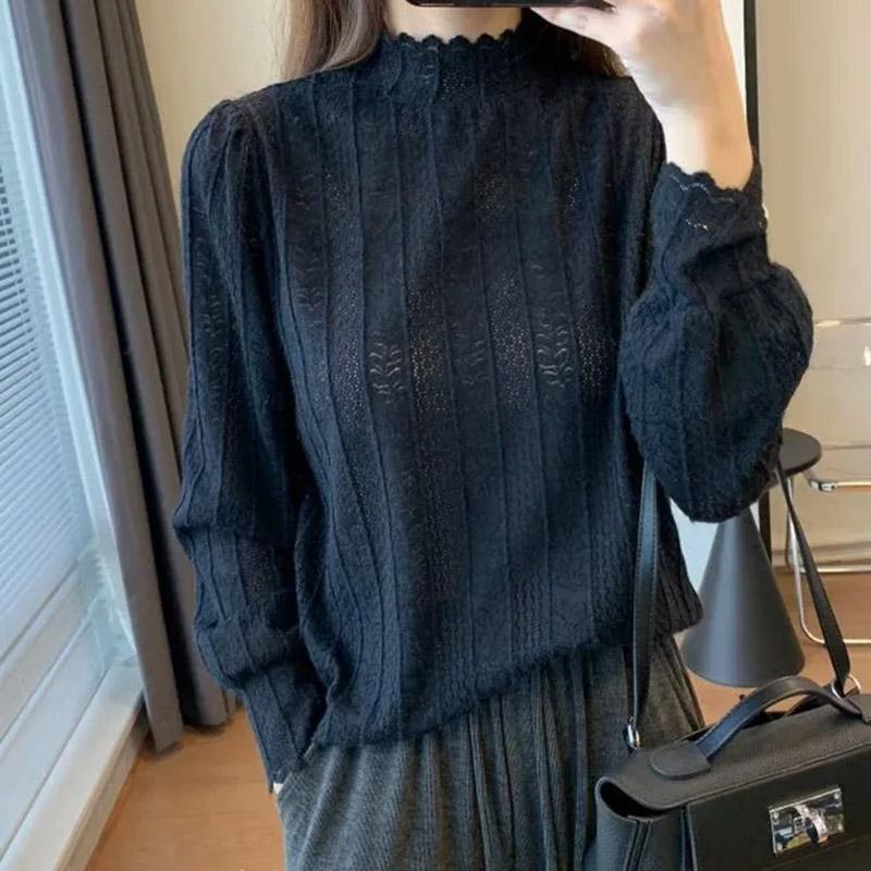 

Свитер для женщин Осень Зима Утепленный Пуловер Теплый Кружевная отделка Эластичный Длинный рукав Полувысокий воротник Свободный Джемпер Топы XXXL чёрный