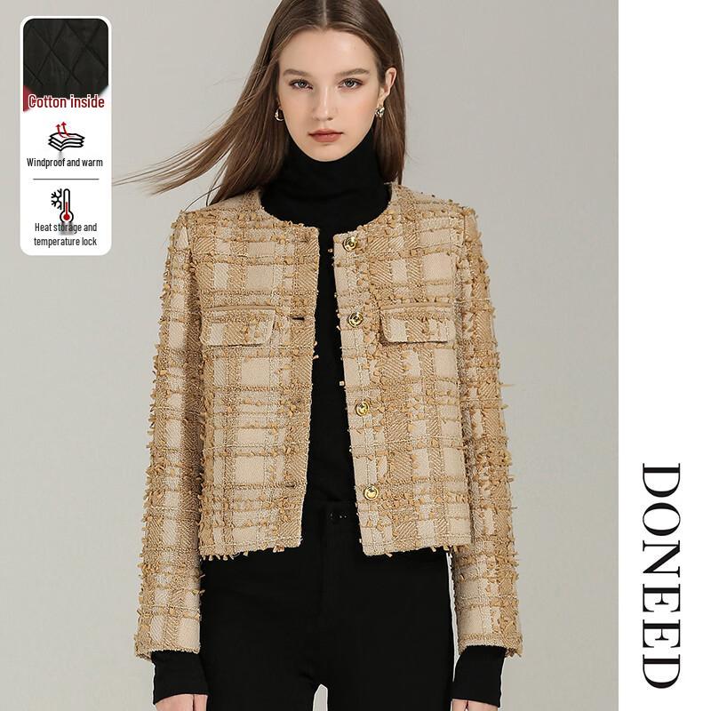 DONEED Women's Chic Tweed Plaid Cropped Jacket