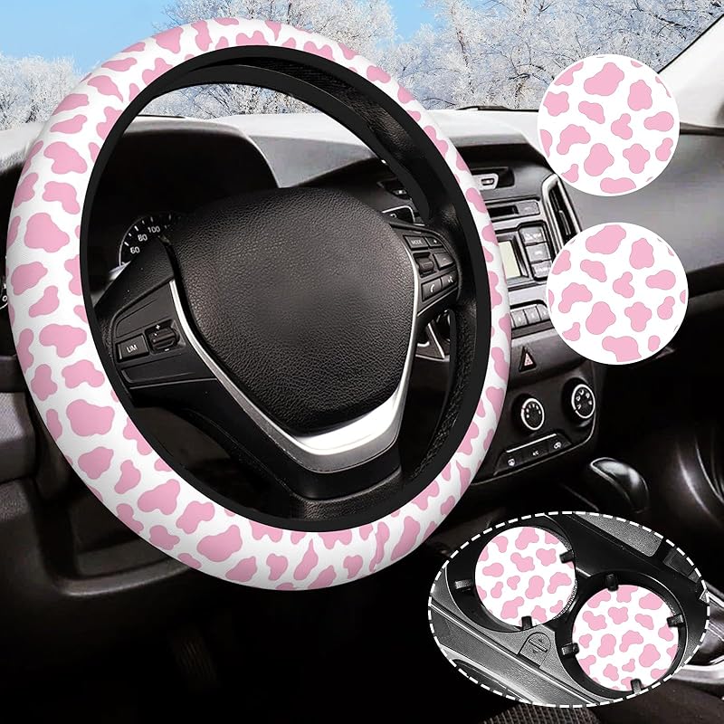 Leopard Steering Wheel Cover Anti-Slip And Practical 14.5-15 Inch Universal Car Steering Wheel Cover With 2 Pieces Car Coasters Suitable For Men