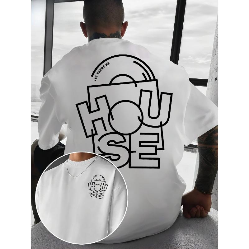 Men's EDM HOUSE Music T-Shirt - Black & White Color Block Tee with Deconstructed HOUSE Font Print, Round Neck Short Sleeve Suitable for Daily Wear
