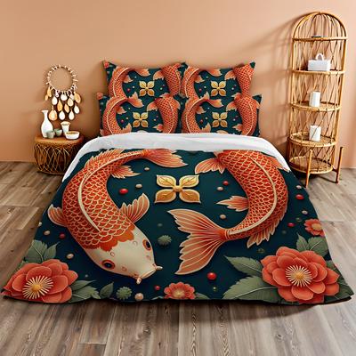 3D Digitaldruck Bettwäsche Zwei- oder Dreiteiliges Set Koi Reichhaltige Blume Polyester Bettbezug