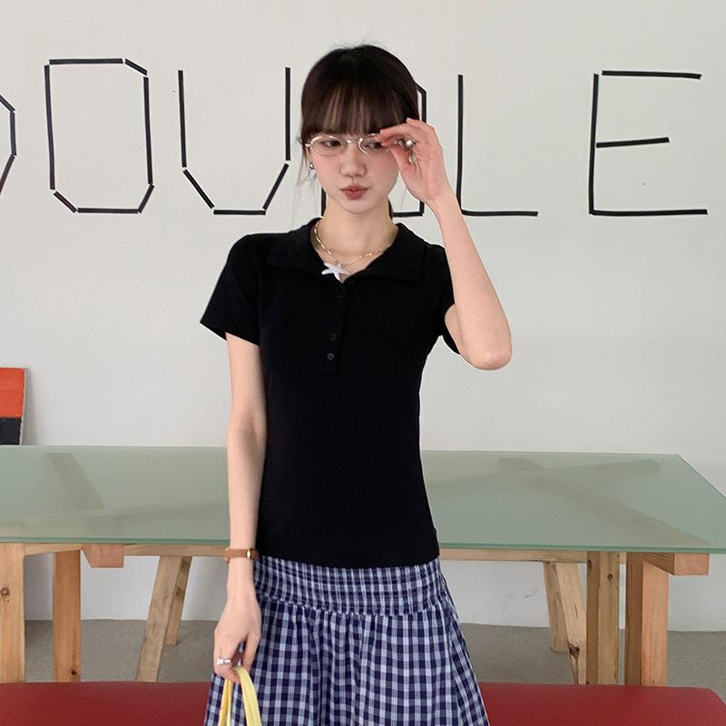 

Футболка в стиле Гонконга однотонная для женщин с короткими рукавами, летняя новая универсальная рубашка поло с отворотами, топ с короткими рукавами, летняя XL