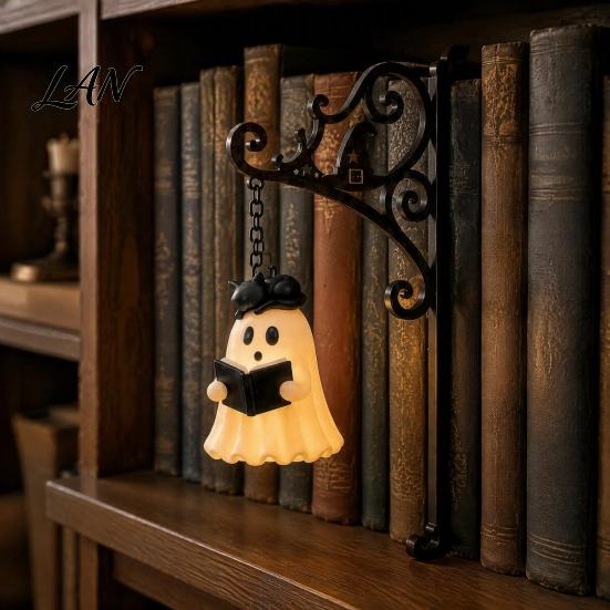 Retro Iron Hanging Lamp Ghost Book Light, Spooky Bookshelf Decor with Warm Small Display Glow, Gothic Reading Corner Ambient Lighting for Halloween