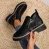 Women's Autumn/Winter New Chunky Sole Slip-Resistant Comfortable Low Heel Round Toe Side Zipper Closed Short Boots, Fashionable High-End Women's Shoes