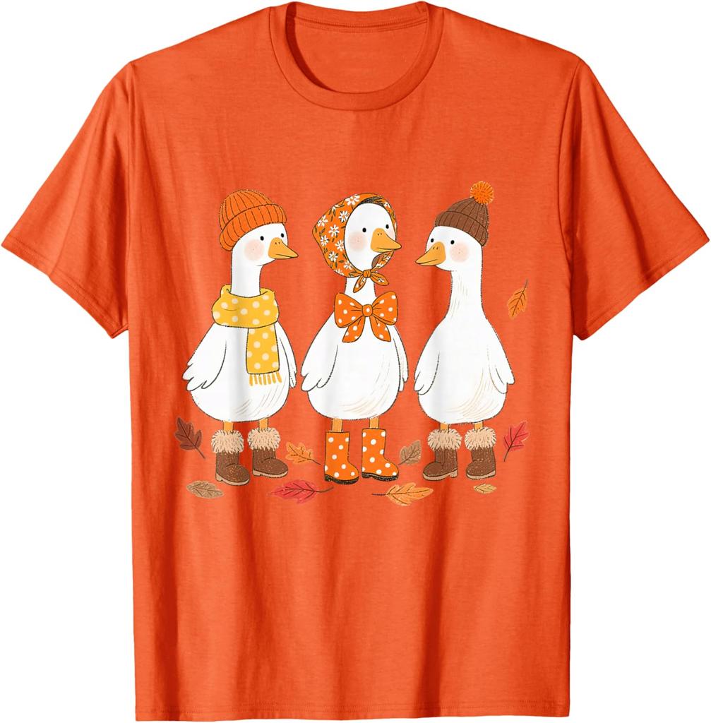 Süßes Drei-Gänse-Herbst-Vibes Grafikdruck-T-Shirt Lässiges Baumwoll-T-Shirt mit Rundhalsausschnitt für Damen