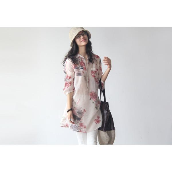 Spring/Summer Women's Cotton and Hemp Floral Shirts Large Size Loose Medium To Long Seven Sleeve Shirt