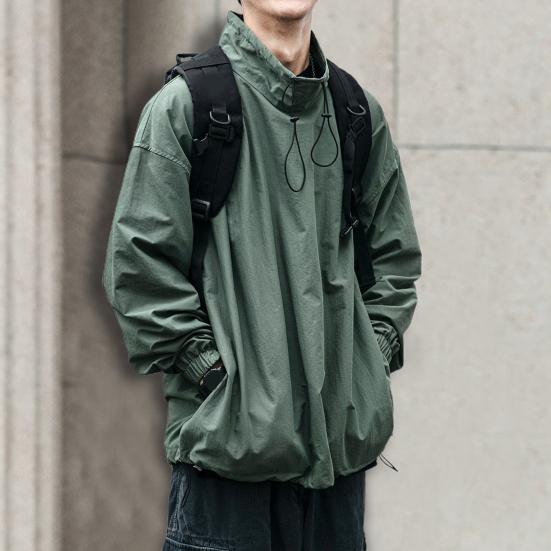 Men Jacket Solid Color Half Turtleneck Streetwear Autumn Washed Elastic Cuff Windbreaker for Daily Wear
