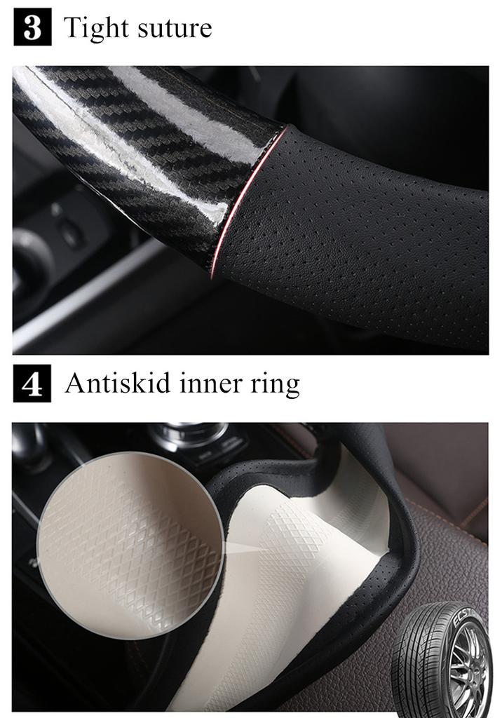 38CM Deluxe Black Carbon Fiber & Leather Car Steering Wheel Cover Trim Universal