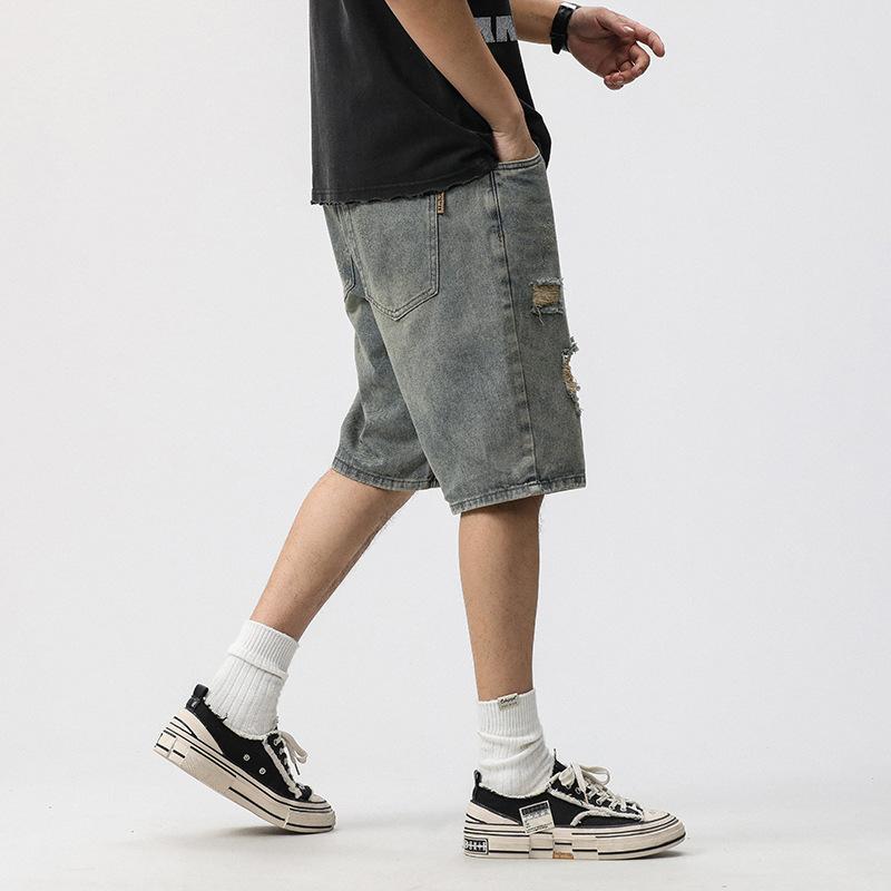 Summer High Street Washing Denim Shorts New Style Ripped Straight Five-point Pants for Men