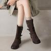 Krazing Pot Cow Suede Round Toe Thick Heels Motorcycle Boots Size 42 Back Zip Women Keep Warm Metal Button Mid-calf Boots