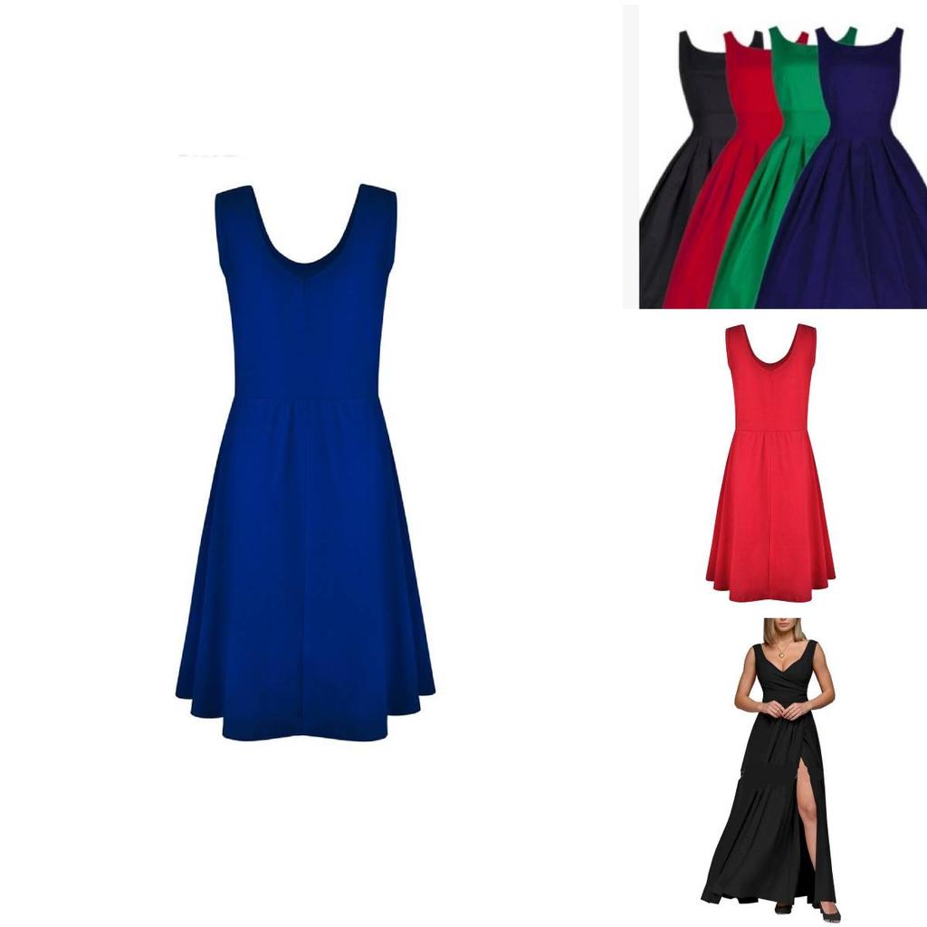 Patchwork Cotton Blend Sleeveless Dress Round Neck Flared Hem For Beach Parties