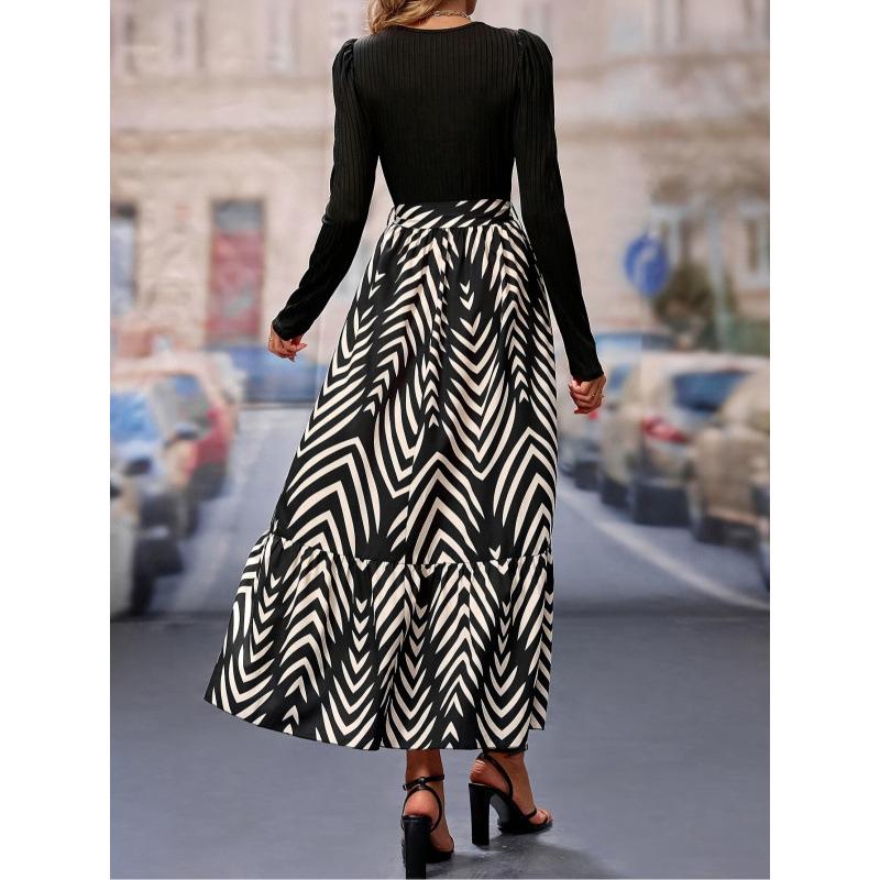 2024 A-Linien Taillenbetonendes Patchwork Langarm Elegantes Kleid für Frühling und Herbst