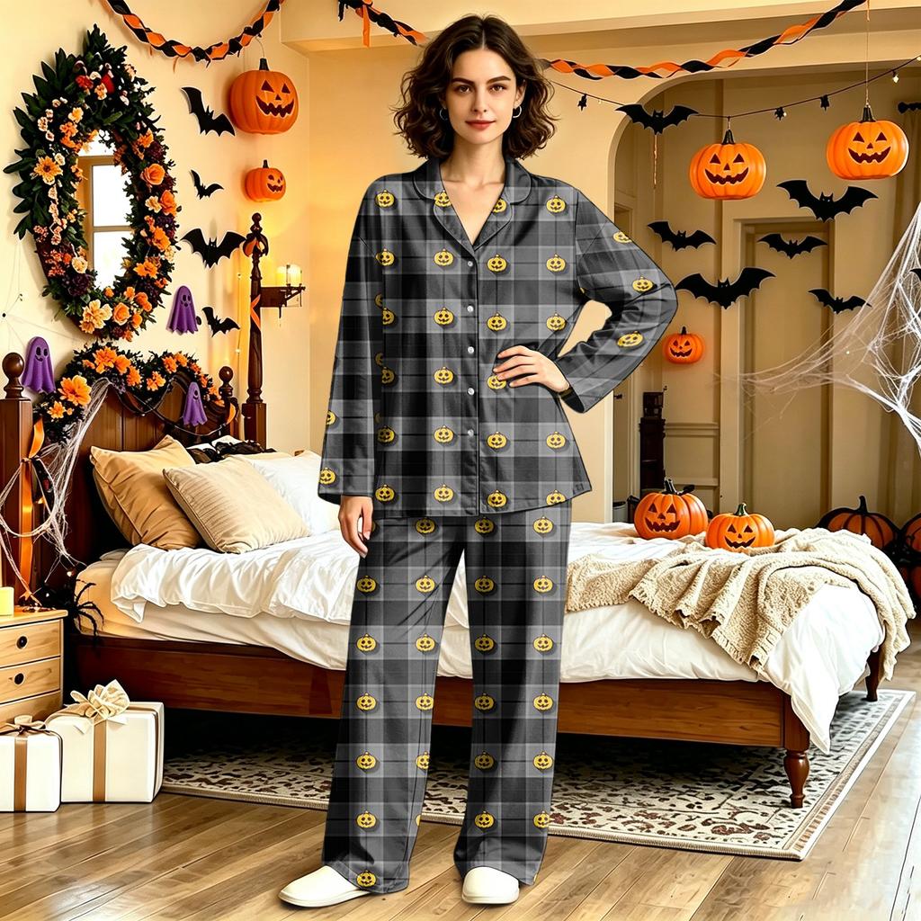 Adult Halloween Print Long Sleeve Pajama Set with Pants, Casual Loose Fit Loungewear
