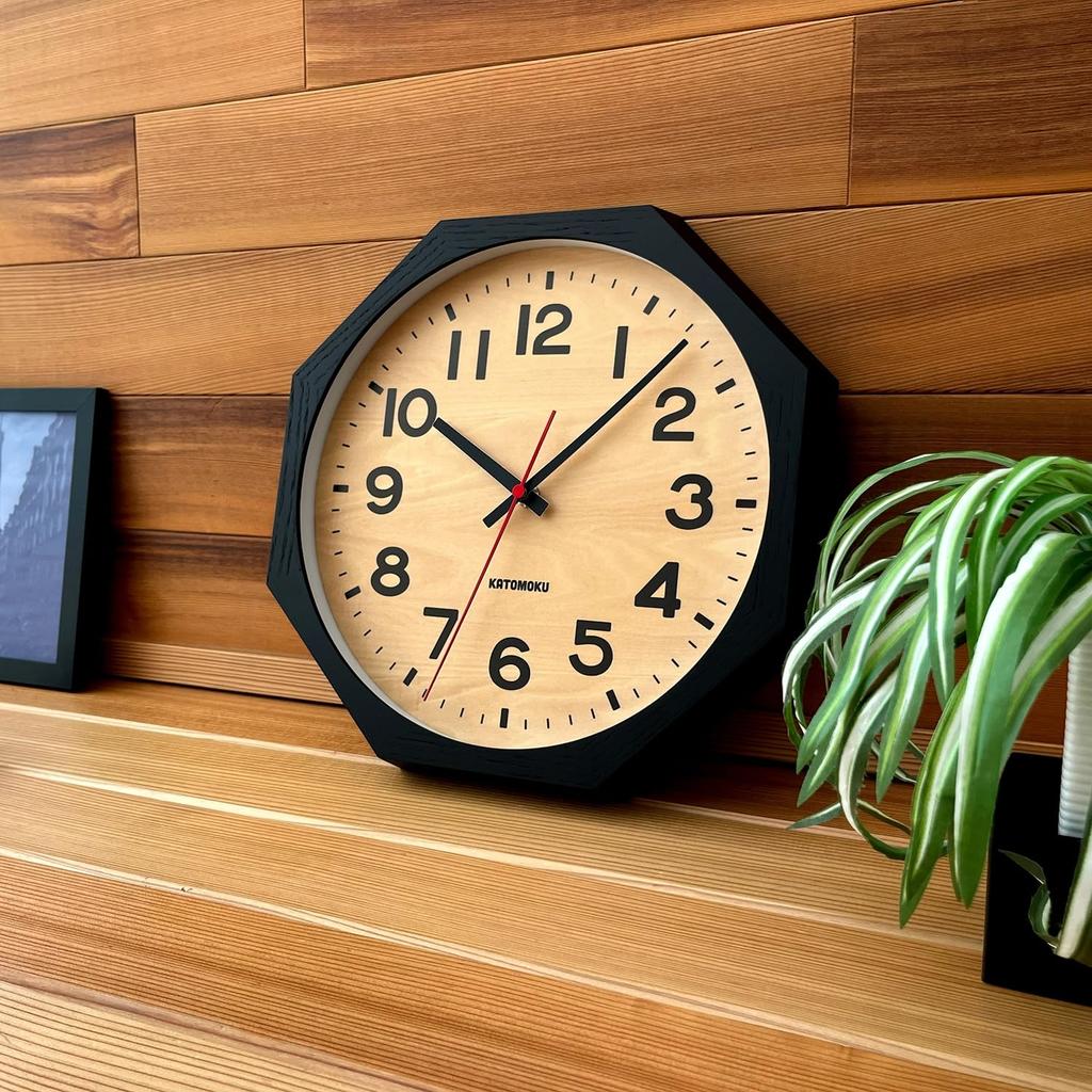 KATOMOKU Muku Clock 15 Octagonal Black Wall Clock with Continuous Second km-107BKRC8 Hand, 30.0cm (Radio-Controlled Clock)