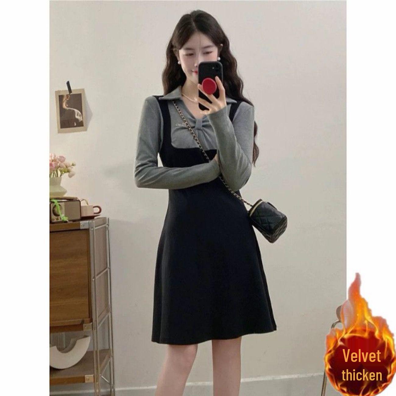

Plus Size Women s Fleece-Lined Elegant Patchwork Long-Sleeve Dress for Winter 3XL for 80-90kg