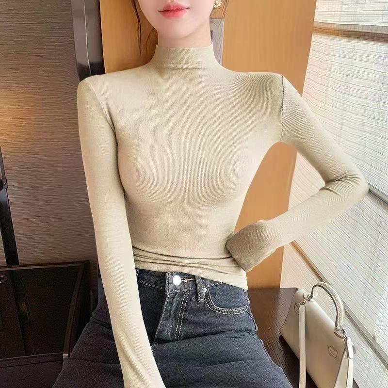 

Temperament Solid Color Semi-turtleneck Bottoming Shirt, Spring and Autumn Inner Fit, Slim Fit, Front Shoulders Show Figure, Long Sleeves One Size F