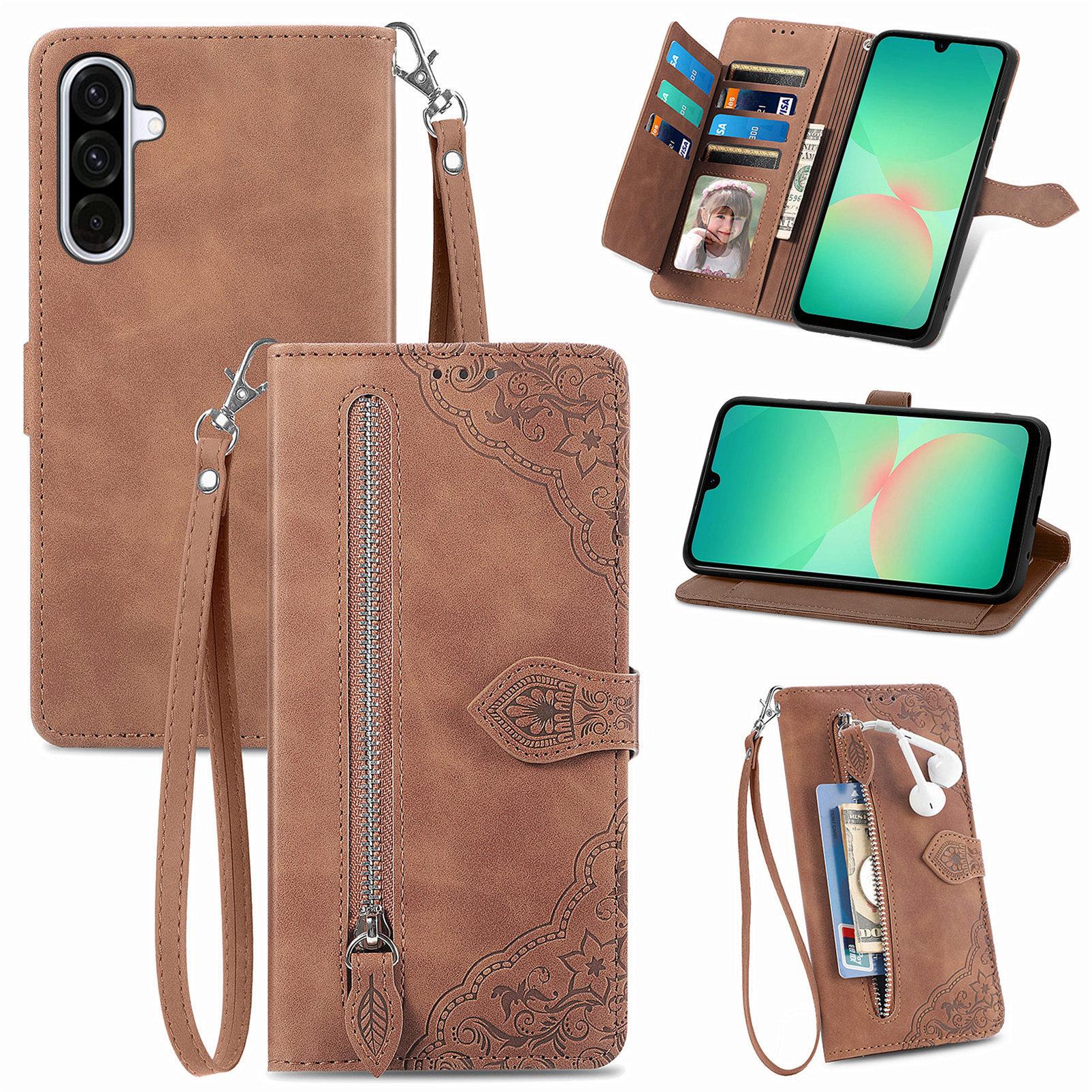 

Для Samsung Galaxy A26 5G Чохол-гаманець на блискавці з ремінцем, з квітковим тисненням, чохол для телефону з ПУ шкіри Brown