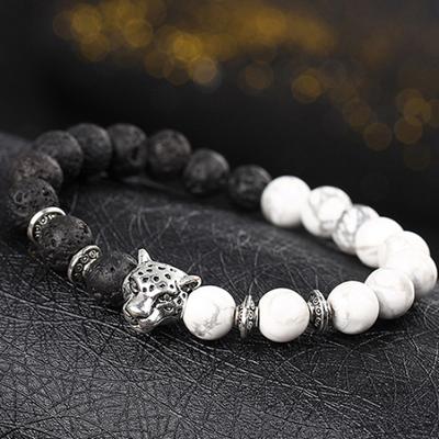 Bracciale da donna con perline fatte a mano con testa di leopardo placcato argento in pietra naturale