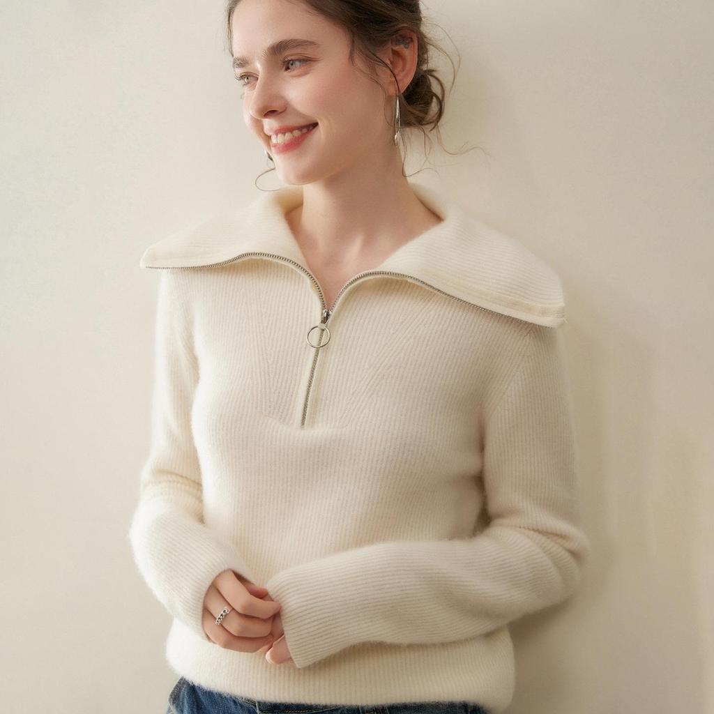 Damen Dick gestrickter Kaschmirpullover - Großer Reverskragen, Polo-Kragen mit halbem Reißverschluss, Vielseitige lockere Passform für Herbst und Winter