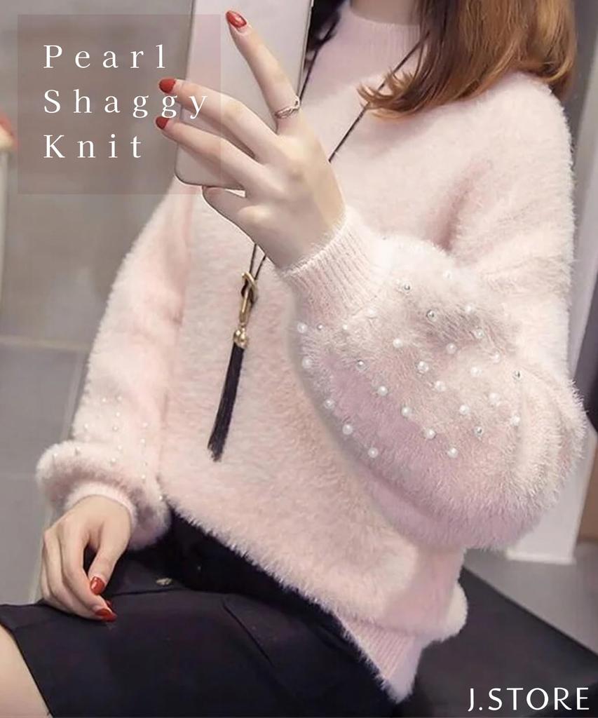 Pearl Sleeve Shaggy Knit Long High Loose Fluffy Loose Cold Casual Knit Fall Plus Round [J.STORE] Sweater, Fluffy, Casual, Winter, Sleeve, Neck,