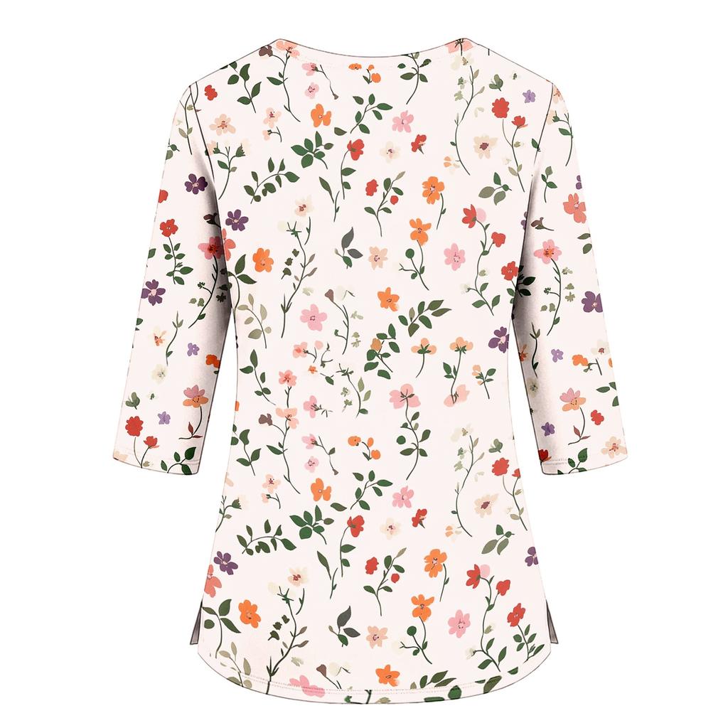Women's Floral Print Scrub Top with V-Neck, Pockets, Side Slits and 3/4 Sleeves
