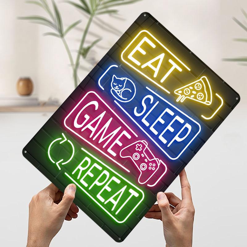 Eat Sleep Game Repeat Gaming Poster Customized Wall Art Vintage Metal Signs Retro Tin Plaque for Man Cave Desk Decor Coffee Bar