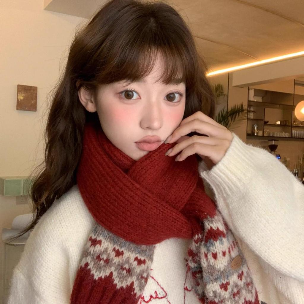 Fair Isle Damen Roter Wollschal - Koreanischer Stil Winter 2024 Halswärmer