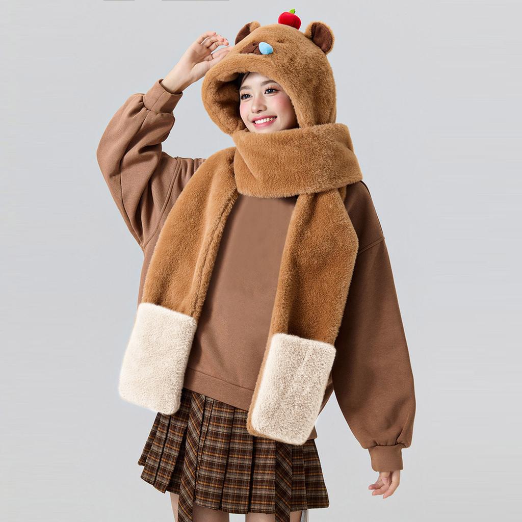 Furry Cartoon Head Cover with Scarf Gloves Set Thicken Furry Hat Oversized Headgear Hat for Winter Commute