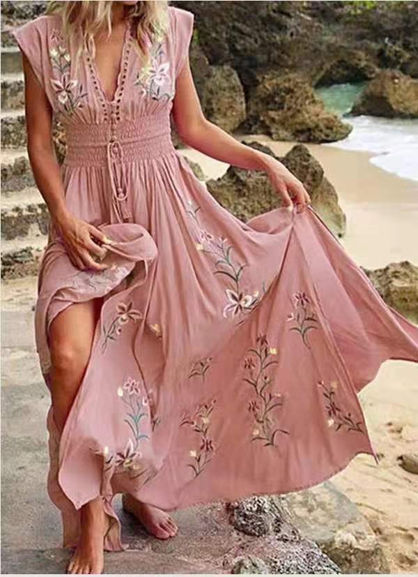 Women s V Neck Cap Sleeve Maxi Dress Loose High Waist Bohemian Chiffon Floral Embroidery Beach Sundress S