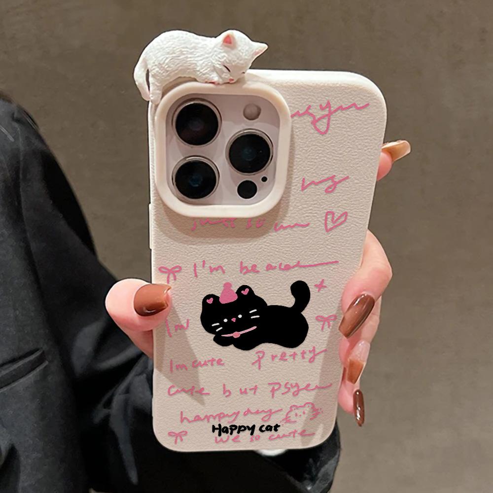 

3D Чехол для телефона для iPhone 11 13 17 Pro Max 17 Air Case iPhone 13 15 16 Pro Max 12 14 Pro Max 14 15 Plus Милый 3D Котенок Мультяшный Кожаный iPhone 17 Pro белый