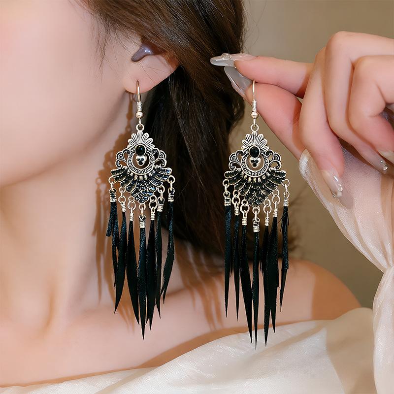 1 Pair Ethnic Colorful Natural Feather Earrings For Women Retro Long Rhinestone Crystal Leaf Dangle Earrings Boho Vacation Jewel