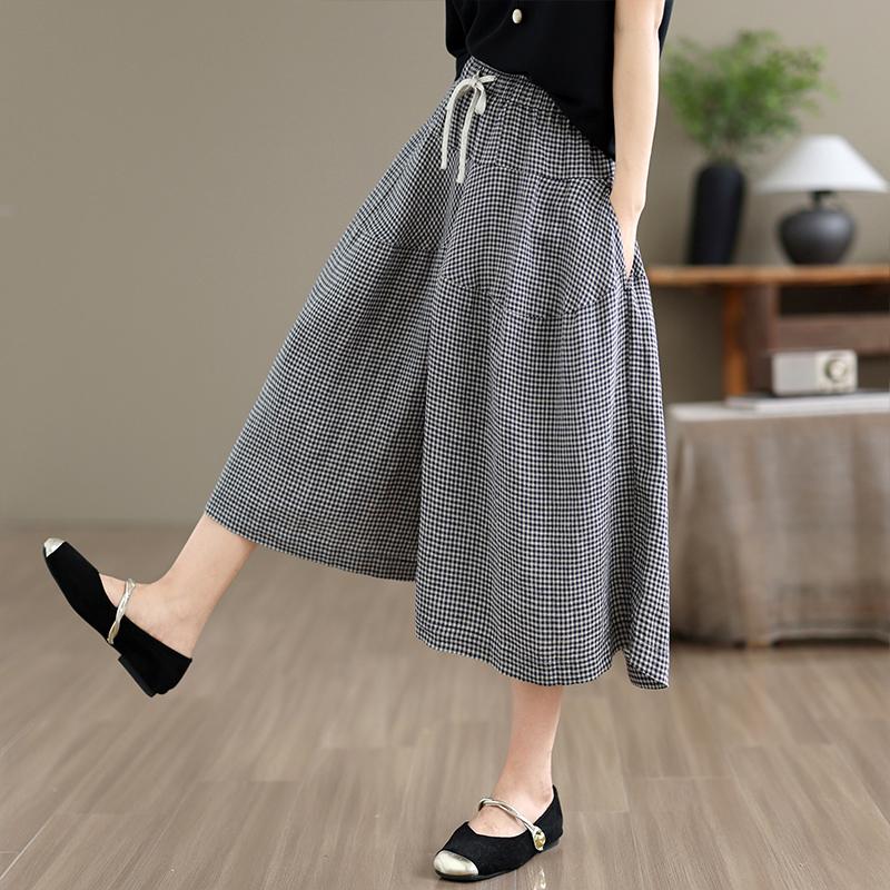 DIMANAF 2026 Summer New Plus Size Women Long Pants Cotton Vintage Loose Elastic Waist Casual Lady Bottoms Print Plaid Black