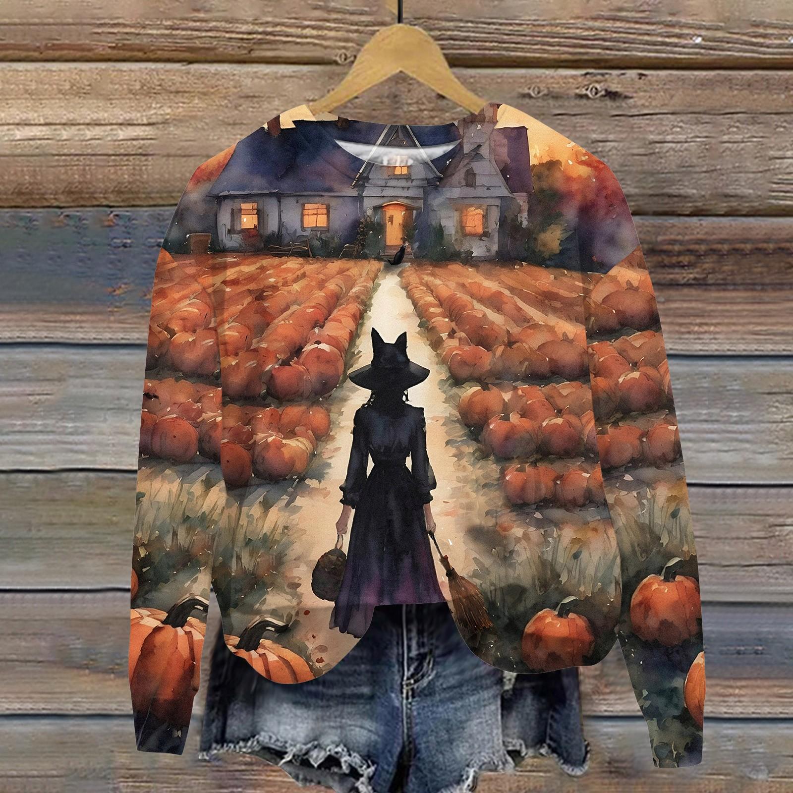 

Женский Хэллоуин с принтом, круглым вырезом и длинными рукавами, свободный крой, повседневный топ с длинными рукавами и длинными рукавами XXXL оранжевый