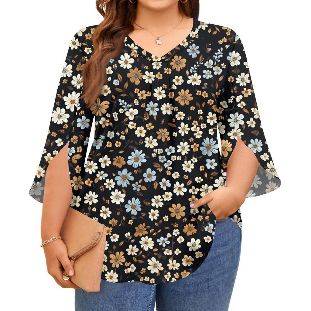 Women's Prined V-neck Plus Size Tops 3/4 Sleeves Elegant Shirt Tops