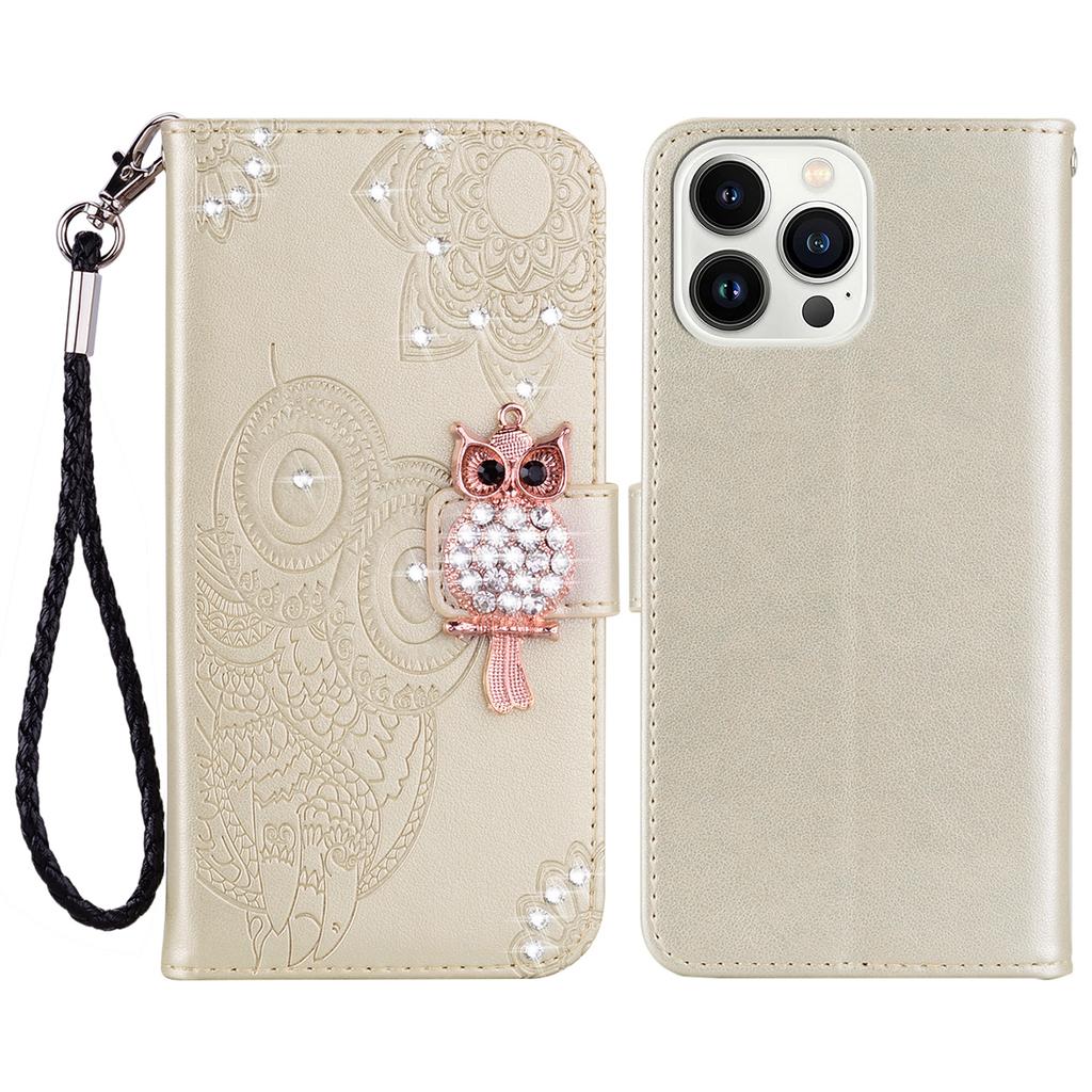 For iPhone 16 Pro Wallet Case Owl Flower Imprinted Rhinestone Leather Cover