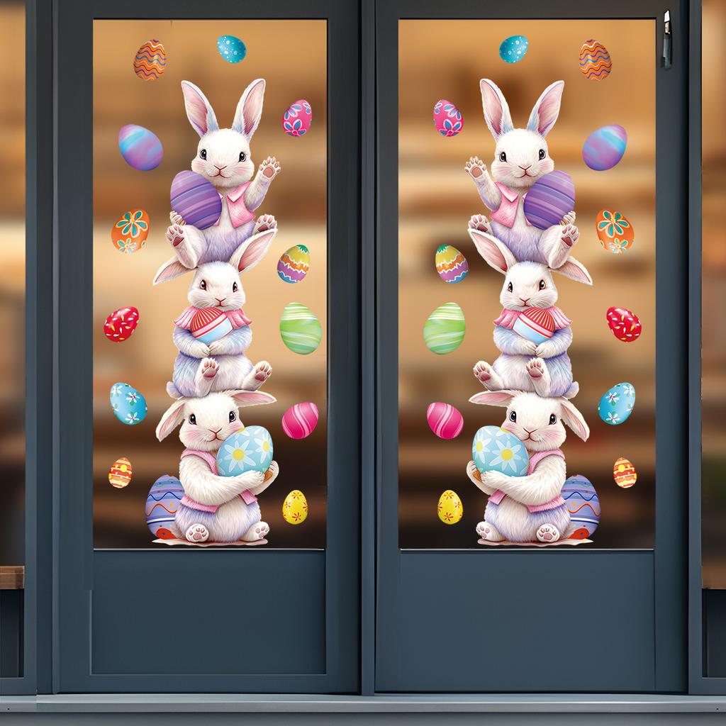 Easter Stacking Bunnies with Eggs Static Cling Window Stickers for Fridge Glass Decoration Easter Party Home Decor