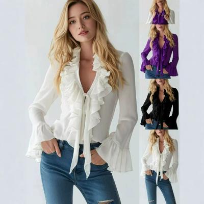 Women's Ruffled V Neck Long Sleeve Elegant Blouse Solid Color Casual Top Shirt