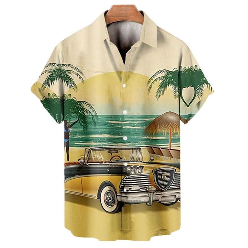 Men Clothing Hawaiian Vacation Beach Shirt Lapel Blouse Summer Casual Clothes Tops Chemise