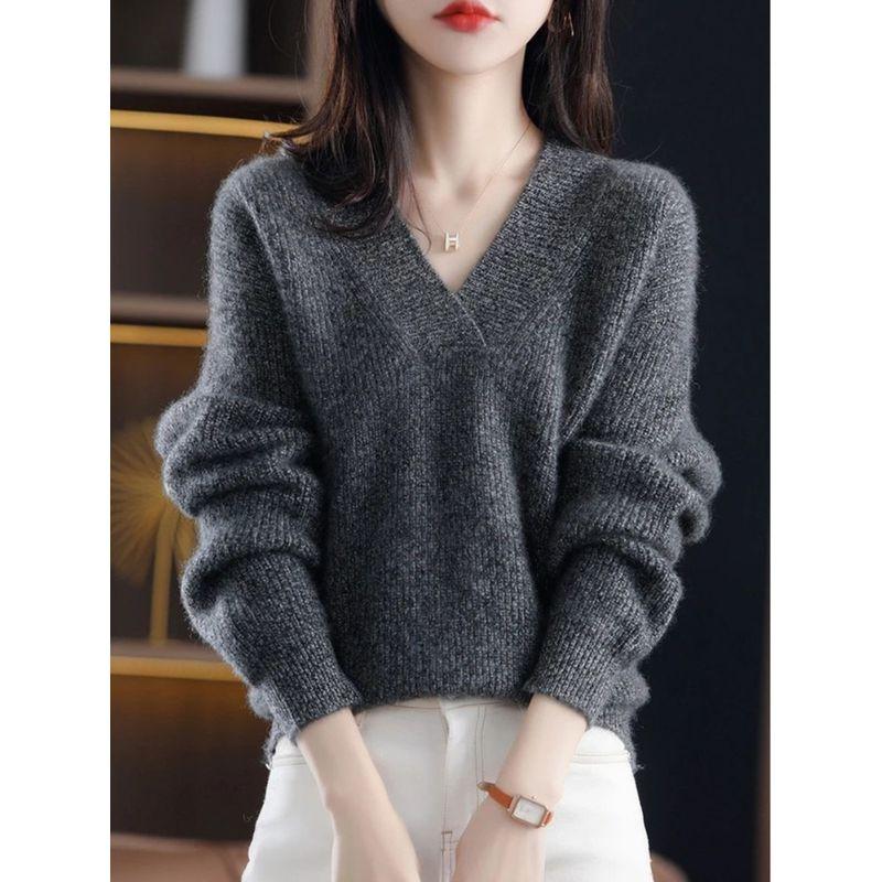 V-neck Long Sleeve Loose Knit Sweater V Neck Long Sleeves Pure Color Loose Knitwear