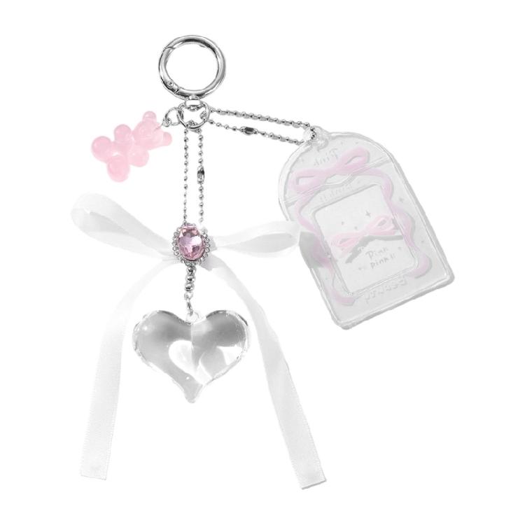 

Stylish Heart Shaped Keychain Backpack Hanging Decoration With Interchangeable Crystal Beads And PVC Card Sleeve
