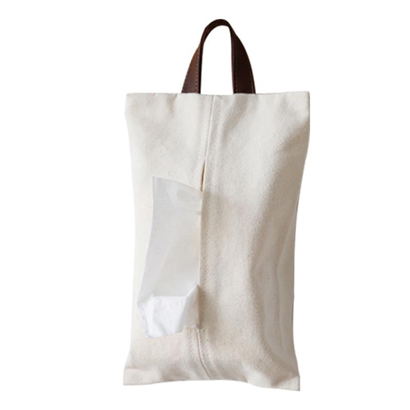 Cotton Linen Fabric Tissue Set Living Room Household Dining Table Paper Box Hanging Car Tissue Storage Bag Tissue Bag(Leather handle light gray)